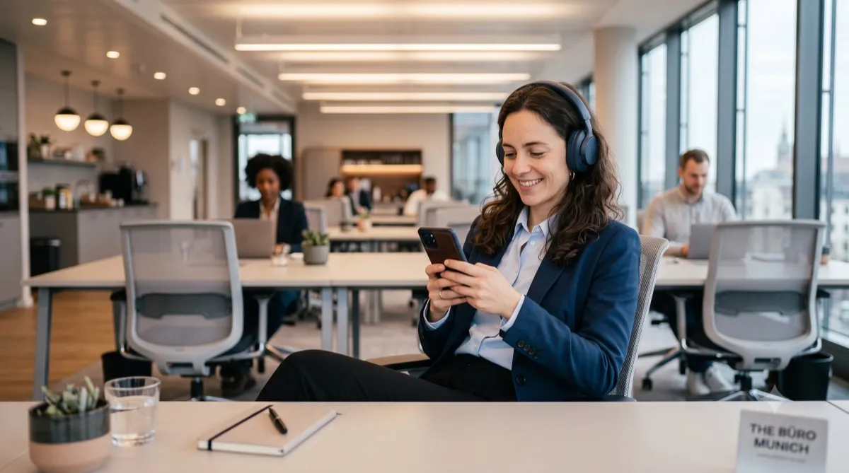 Frau im Büro bereitet sich am Smartphone auf ein Gespräch vor