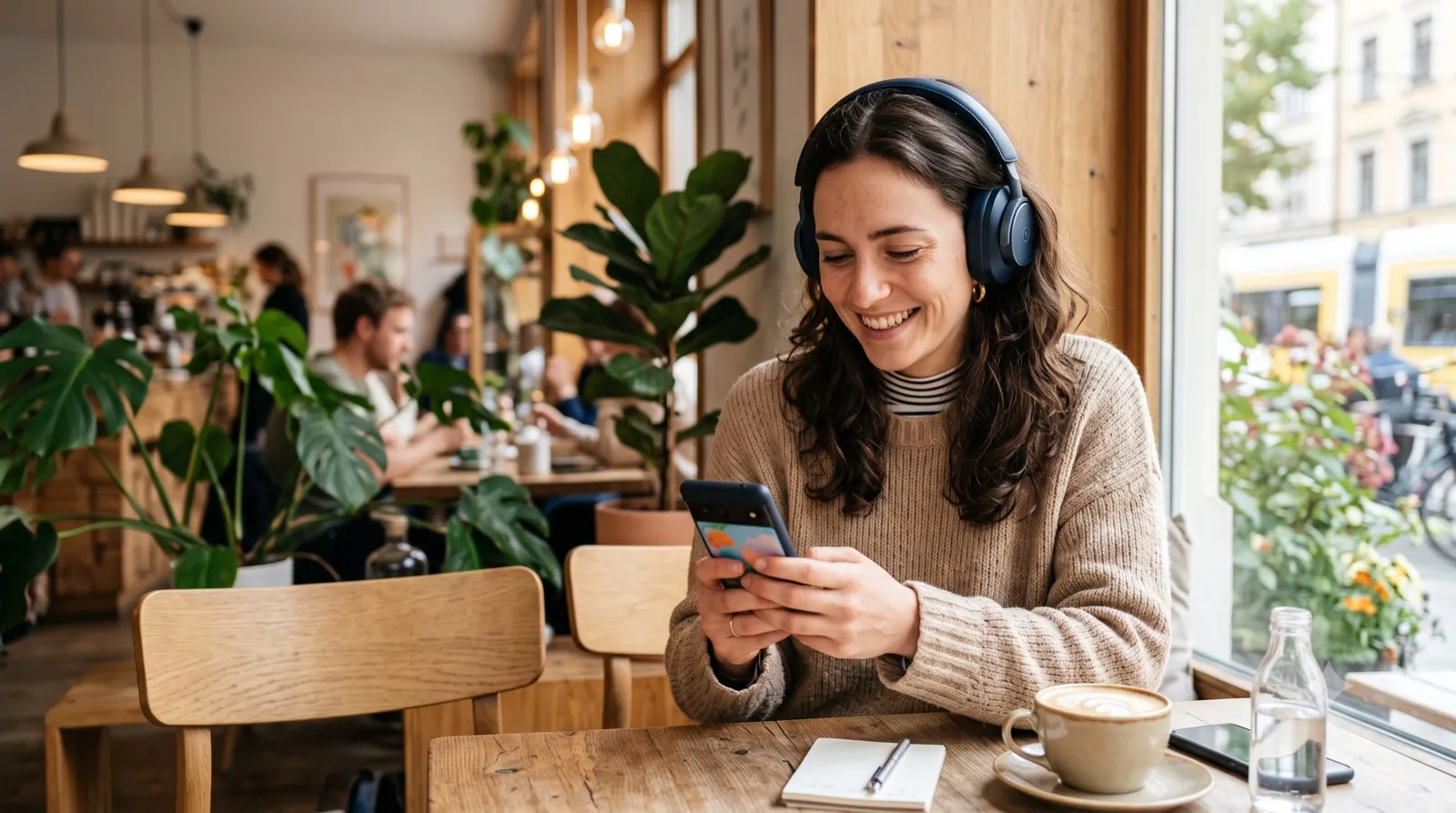 Junge Frau mit Kopfhörern lernt entspannt am Smartphone im Café