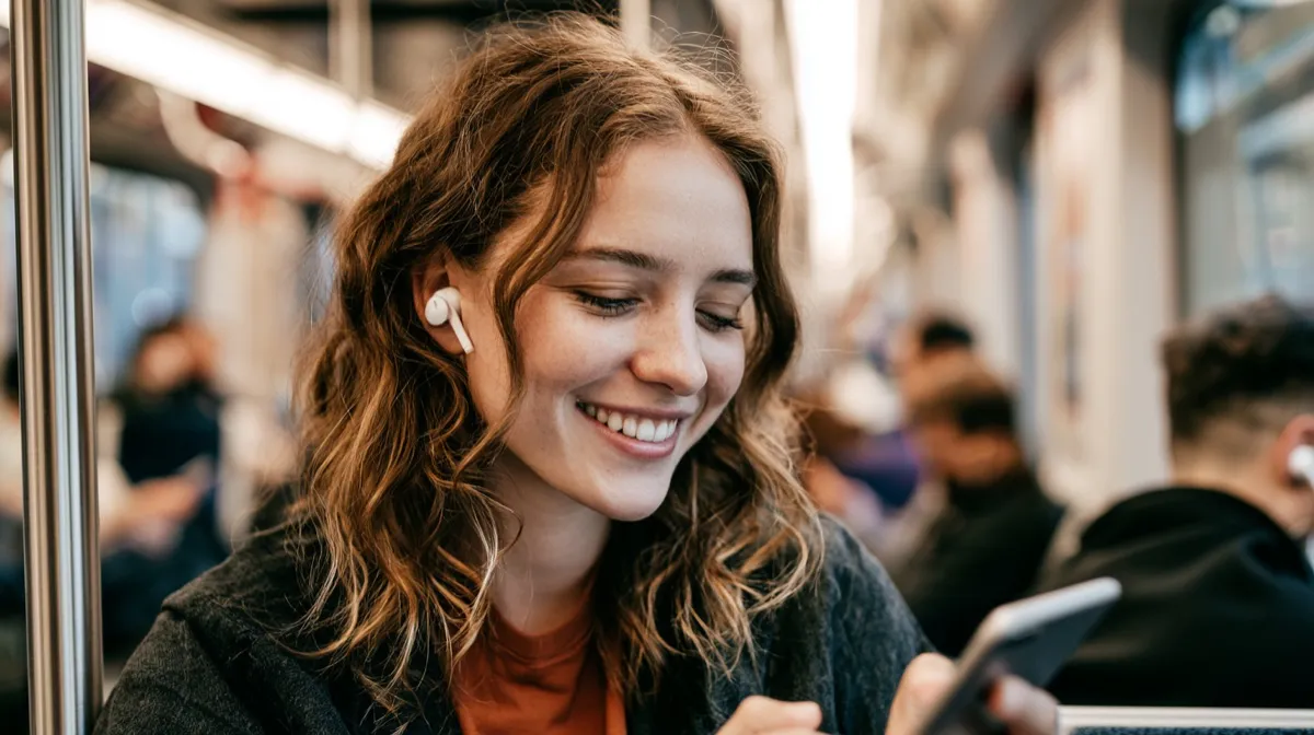 Junge Frau lernt mit Earbuds und Smartphone unterwegs in der Bahn