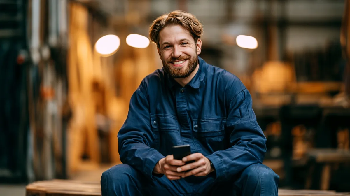 Handwerker in blauer Arbeitskleidung lächelt in der Werkstatt aufs Smartphone